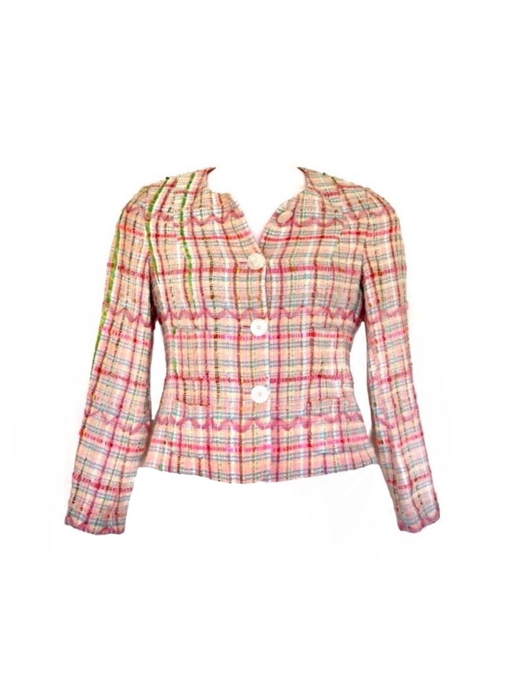 RARE Rena Lange Tweed Multicolor Rainbow Blazer with Sequins and Ribbon Woven In